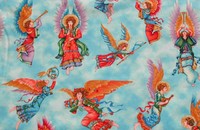 Hellblauer Stoff mit musizierenden Engeln