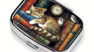 Boîte à pilules chat dans bibliothèque